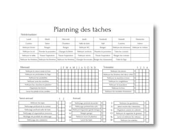 May include: A black and white printable checklist for planning household chores. The checklist is divided into weekly, monthly, quarterly, semi-annual, and annual tasks. The tasks are written in French.