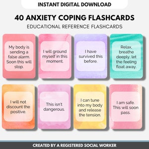 40 Tarjetas para afrontar la ansiedad, Afirmaciones calmantes, Alivio del estrés, TCC, DBT, Atención plena, Autocuidado, Salud mental (Imprimible digital)