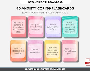 40 Anxiety Coping Cards, Calming Affirmations, Stress Relief, CBT, DBT, Mindfulness, Self-care, Mental Health (Digital Printable)