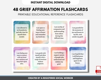 May include: 48 printable affirmation flashcards with watercolour backgrounds. The cards feature positive affirmations for grief and loss. The text on the cards is in black.