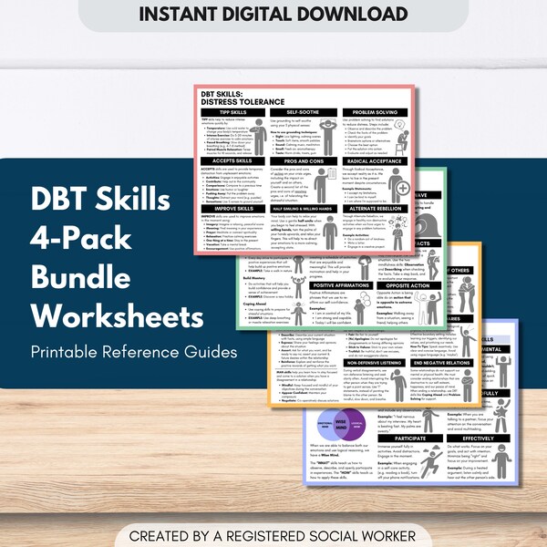 Feuilles de triche sur les compétences DBT, Ensemble de feuilles de travail DBT, Compétences d'adaptation thérapeutique, Tolérance à la détresse, Régulation émotionnelle (PDF numérique)