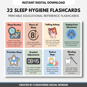 Flashcards slaaphygiëne, werkbladen tips slaapwelzijn, slapeloosheid, geestelijke gezondheid, patiënteneducatie, hulpmiddelen, strategieën (DIGITAAL AFDRUKBAAR)