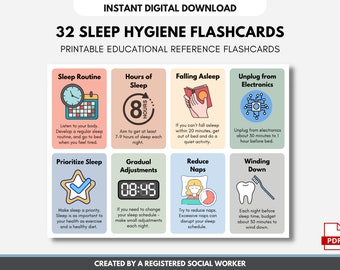 Sleep Hygiene Flashcards, Sleep Wellness Tips Worksheets, Insomnia, Mental Health, Patient Education, Tools, Strategies (DIGITAL PRINTABLE)