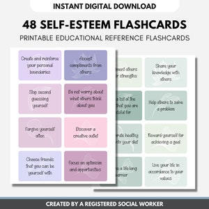 Flashcard sull'autostima, Affermazioni di fiducia, Discorsi interiori positivi, Adolescenti, Fogli di lavoro sulla salute mentale, Strumenti terapeutici (STAMPABILE DIGITALE)