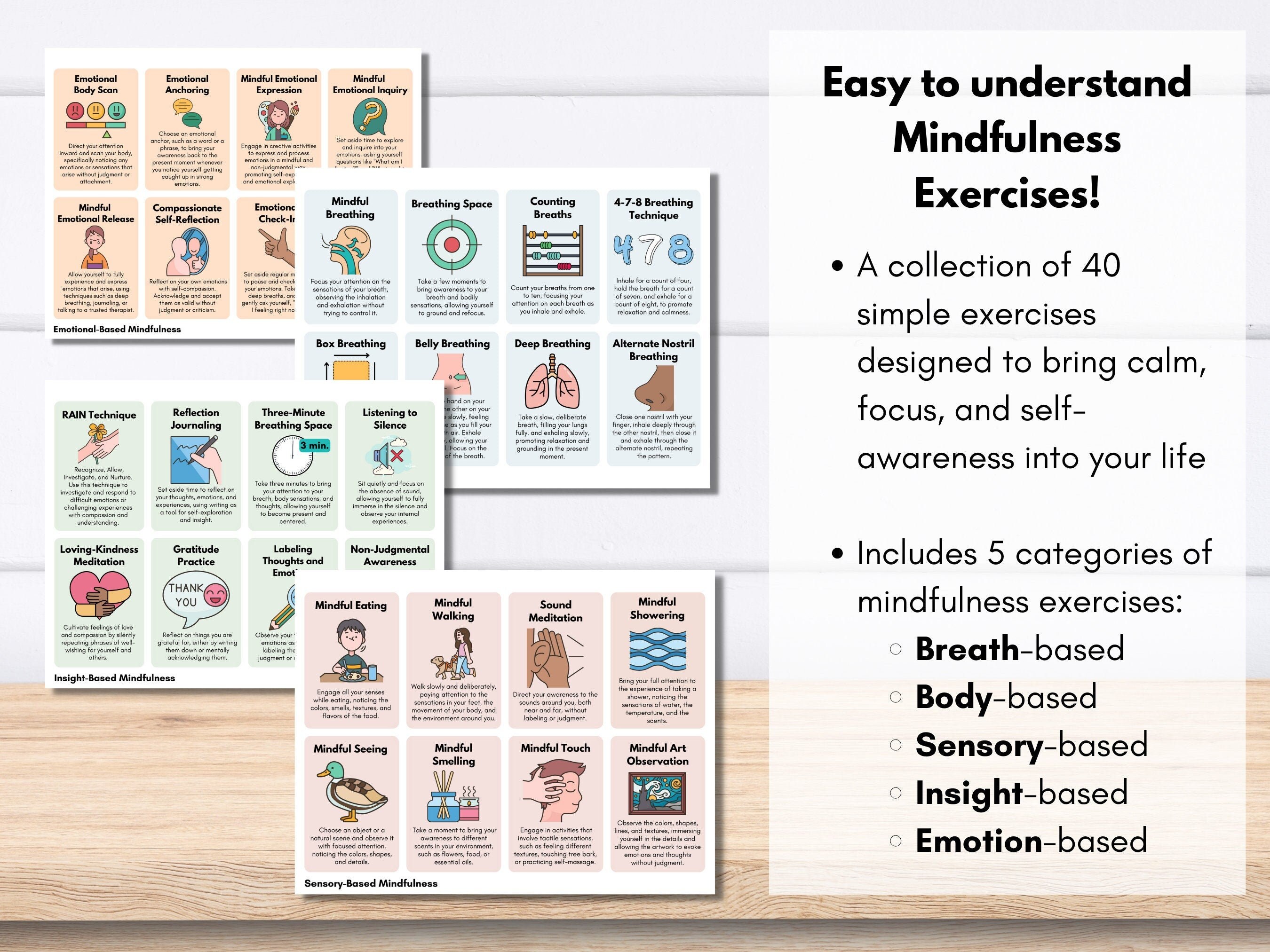 40 Mindfulness Exercise Flashcards, Breathing Exercises, Mental