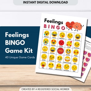 Feelings BINGO Game Kit, Children Social Emotional Learning Activity, Mental Health Kids, Classroom Therapy Game, Teens (Digital Printable)