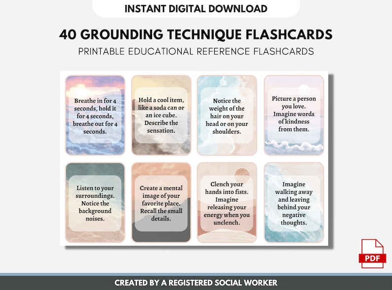40 Grounding Flash Cards, Anxiety Coping Skills, Panic Attacks, CBT ...