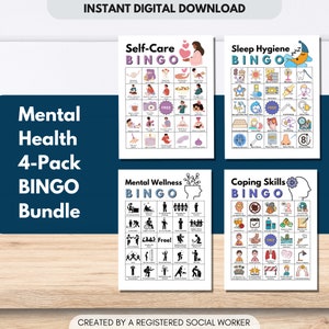 Mental Health BINGO Game Bundle, Includes 4 Games: Self-Care, Coping Skills, Mental Wellness, Sleep Hygiene, Activity (Digital Printable)