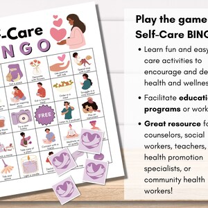 May include: A printable self-care bingo game with a pink and purple color scheme. The game includes activities like "Schedule alone time", "Eat a snack", "Decorate with flowers", "Use positive self-talk", "Spend time with a pet", "Write a letter to a loved one", "Read an inspiring story", "Eat a favorite meal", "Order in a meal", "Snuggle in a cozy blanket", "Save a warm beverage", "Try a new hobby", "Listen to a podcast", "Play on an instrument", "Watch a movie", "Take care of a plant", "Connect with a friend", "Meditate or sit quietly", "Take your space", "Light a candle", "Declutter", "Take a nap".
