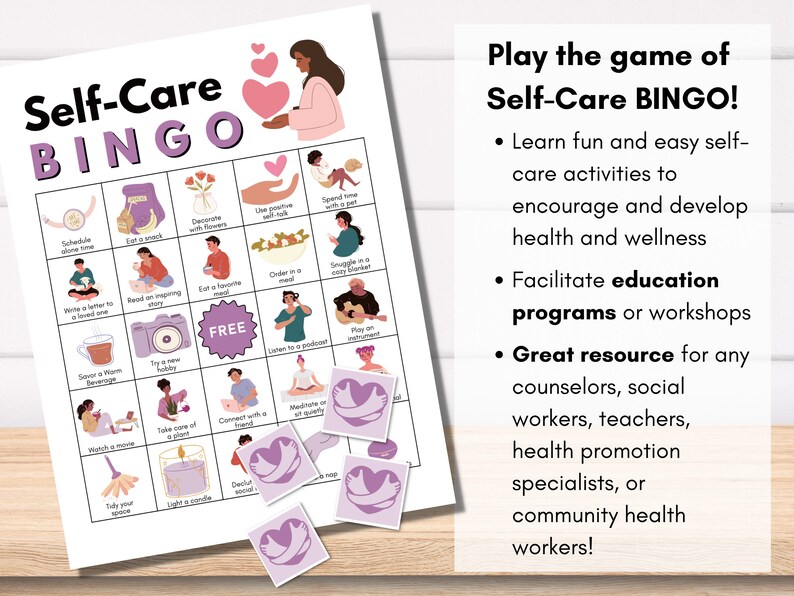 May include: A printable self-care bingo game with a pink and purple color scheme. The game includes activities like "Schedule alone time", "Eat a snack", "Decorate with flowers", "Use positive self-talk", "Spend time with a pet", "Write a letter to a loved one", "Read an inspiring story", "Eat a favorite meal", "Order in a meal", "Snuggle in a cozy blanket", "Save a warm beverage", "Try a new hobby", "Listen to a podcast", "Play on an instrument", "Watch a movie", "Take care of a plant", "Connect with a friend", "Meditate or sit quietly", "Take your space", "Light a candle", "Declutter", "Take a nap".