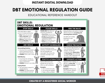 May include: A black and white printable handout titled "DBT Emotional Regulation Guide" with the subtitle "Educational Reference Handout". The handout lists various DBT skills, including "Stop Skills", "Please Skills", "Ride the Wave", "ABC Skills", "Activity Scheduling", "Check the Facts", "Positive Affirmations", and "Opposite Action". Each skill is illustrated with a simple stick figure and a brief description.