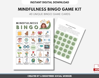 マインドフルネス ビンゴ ゲーム キット、メンタル ヘルス ゲーム、カウンセラー アクティビティ、セラピー ゲーム (デジタル印刷可能)