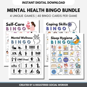 Mental Health BINGO Game Bundle, Includes 4 Games: Self-Care, Coping Skills, Mental Wellness, Sleep Hygiene, Activity (Digital Printable)