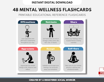 Mental Health Wellness Flashcards, Coping Skills, Self-care Affirmations, Anxiety, Depression, Teen, Adult (DIGITAL PRINTABLE)