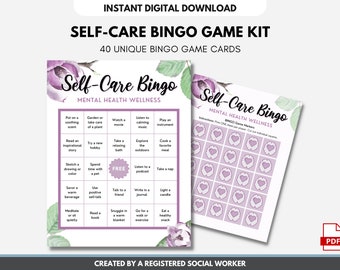 Self-Care BINGO Game Activity Kit for Mental Health, Wellness, Therapy, Worry, Mindfulness, Office, Classroom, Counselor (DIGITAL PRINTABLE)