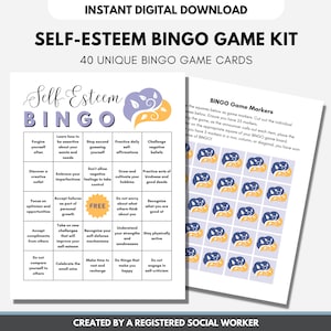 Self-Esteem BINGO Game Kit, Mental Health Game, Counselor Activity, Therapy Game - Includes 40 BONUS Flashcards (Digital Printable)