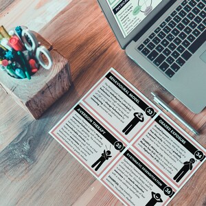 Puede incluir: Un conjunto de tarjetas de &iacute;ndice de colores con ilustraciones en blanco y negro de figuras de palitos. Las tarjetas describen diferentes t&eacute;cnicas de terapia cognitivo-conductual, incluyendo la terapia de aversi&oacute;n, la exposici&oacute;n gradual y la desensibilizaci&oacute;n sistem&aacute;tica. Las tarjetas est&aacute;n dispuestas sobre una mesa de madera con un port&aacute;til y un l&aacute;piz.