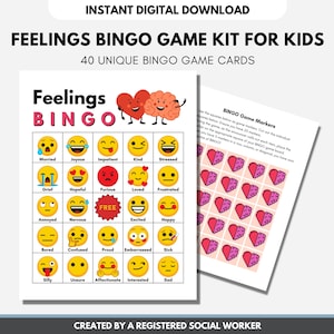 Feelings BINGO Game Kit, Children Social Emotional Learning Activity, Mental Health Kids, Classroom Therapy Game, Teens (Digital Printable)