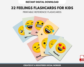 May include: A set of 32 printable flashcards for kids featuring different emotions represented by yellow smiley faces with various expressions. The text "32 FEELINGS FLASHCARDS FOR KIDS" and "PRINTABLE REFERENCE FLASHCARDS" is visible at the top of the image. The text "CREATED BY A REGISTERED SOCIAL WORKER" is visible at the bottom of the image.