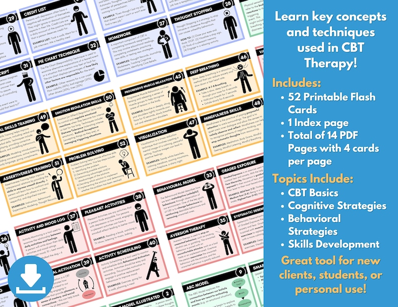 Puede incluir: Un conjunto de 52 tarjetas flash imprimibles con ilustraciones y texto sobre t&eacute;cnicas de terapia cognitivo-conductual (TCC). Las tarjetas est&aacute;n organizadas en categor&iacute;as como los fundamentos de la TCC, las estrategias cognitivas, las estrategias conductuales y el desarrollo de habilidades. Las tarjetas est&aacute;n dise&ntilde;adas para ser una gran herramienta para nuevos clientes, estudiantes o uso personal.