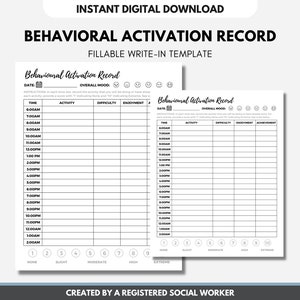 Behavioral Activation Record, Emotional Regulation, CBT, DBT, Therapy, Mental Health, Psychology (Digital Printable)