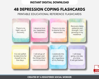 Depression Coping Flashcards, Depression Positive Affirmations, Grounding Exercise, CBT Therapy, Mental Health (DIGITAL PRINTABLE)