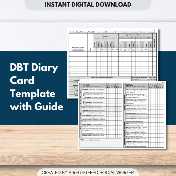 DBT Diary Card, Dialectical Behavior Therapy, Skills Tracker Worksheet, Weekly Journal, Reference Guide, Mental Health (DIGITAL PRINTABLE)