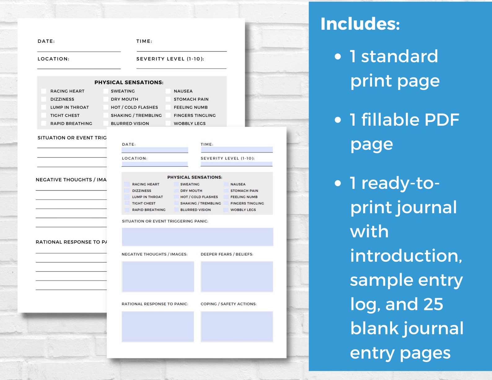 Panic Attack Journal Log, Panic Disorder Worksheet, CBT Cognitive Behavioral Therapy, Therapy