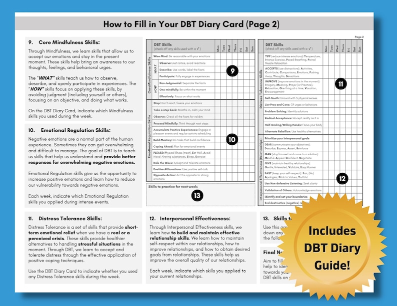 DBT Diary Card, Dialectical Behavior Therapy, Skills Tracker Worksheet, Weekly Journal, Reference Guide, Mental Health (DIGITAL PRINTABLE)