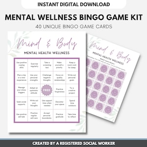Mental Health BINGO Game Kit, Wellness Activity, Self-Care Learning, Coping Skills Education, Mindfulness, Teens, Adults (DIGITAL PRINTABLE)