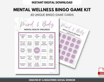 Mental Health BINGO Game Kit, Wellness Activity, Self-Care Learning, Coping Skills Education, Mindfulness, Teens, Adults (DIGITAL PRINTABLE)