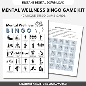 Kit di gioco BINGO per la salute mentale, strategie di benessere mentale, attività, consulente, psicologia - Include 48 flashcard BONUS (stampabile digitale)