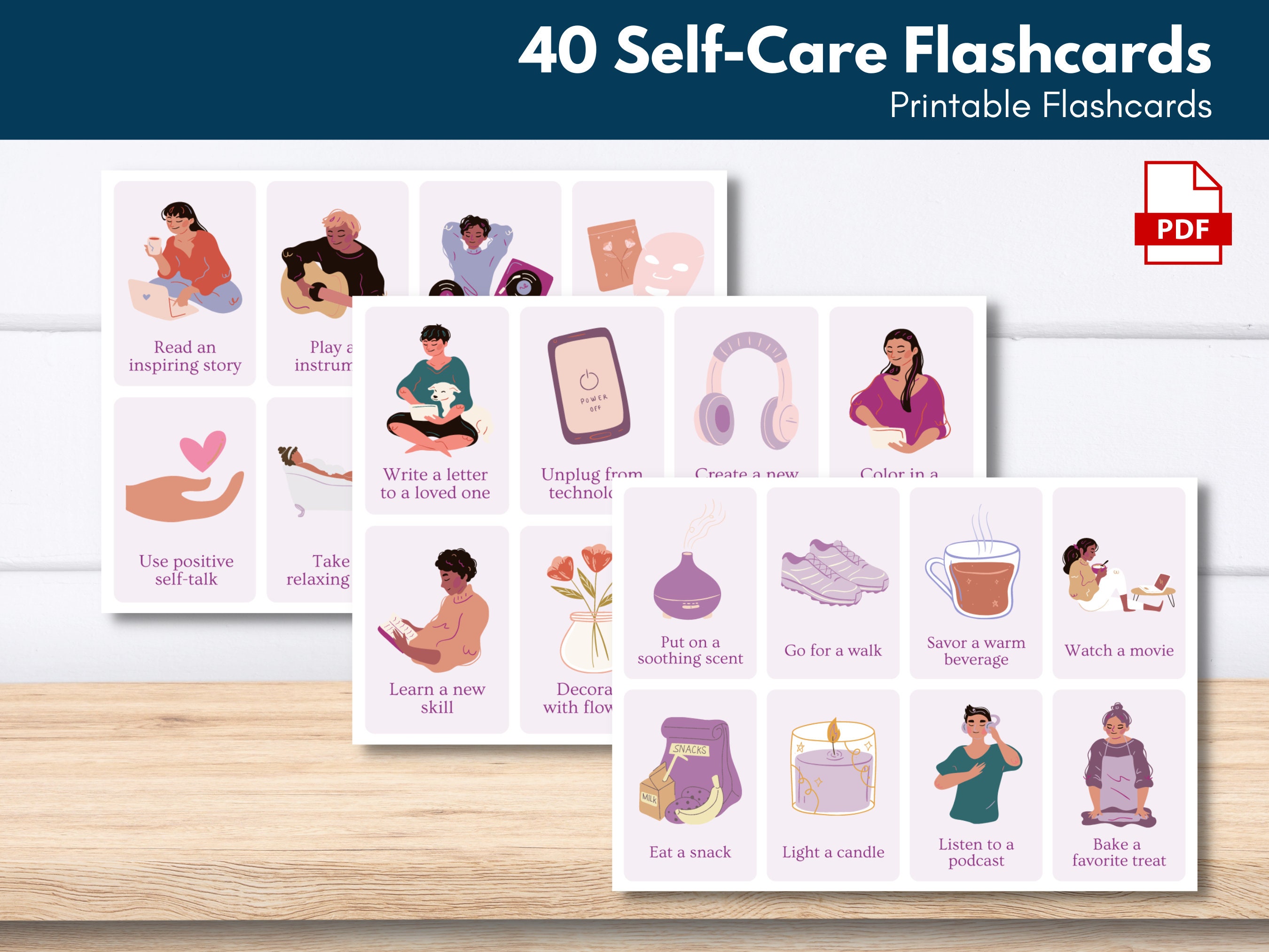 40 Selfcare Flash Cards Mental Health Wellness Stress Etsy