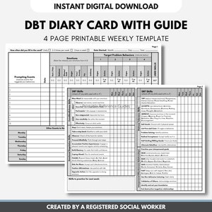 Cartão de diário DBT, terapia comportamental dialética, planilha de rastreador de habilidades, diário semanal, guia de referência, saúde mental (imprimível digital)