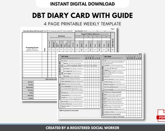 DBT Diary Card, Dialectical Behavior Therapy, Skills Tracker Worksheet, Weekly Journal, Reference Guide, Mental Health (DIGITAL PRINTABLE)