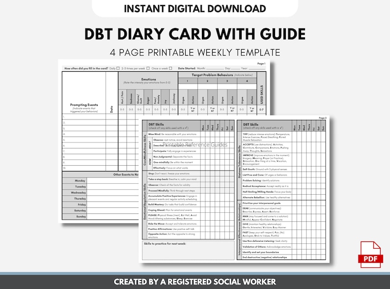 May include: A printable DBT diary card with guide, a 4-page weekly template for tracking emotions, target problem behaviours, and DBT skills. The card is black and white and includes the text "DBT Diary Card with Guide" and "4 Page Printable Weekly Template".