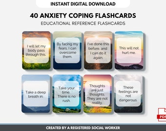 Anxiety Coping Cards: Calming Affirmations, Grounding, CBT (Digital Printable)