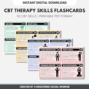 52 tarjetas didácticas de habilidades de terapia CBT, hojas de trucos de terapia cognitivo-conductual, hojas de trabajo de educación y salud mental (DESCARGA DIGITAL)