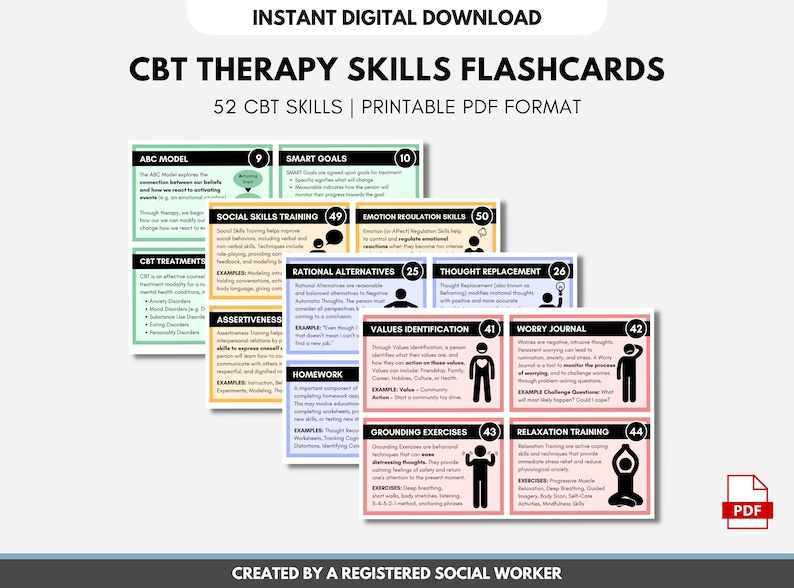 Puede incluir: Un conjunto de 52 tarjetas de memoria imprimibles para habilidades de terapia cognitivo-conductual (TCC). Las tarjetas de memoria est&aacute;n codificadas por colores y presentan ilustraciones. El texto en las tarjetas de memoria incluye "Modelo ABC", "Metas inteligentes", "Capacitaci&oacute;n en habilidades sociales", "Habilidades de regulaci&oacute;n emocional", "Alternativas racionales", "Reemplazo de pensamientos", "Asertividad", "Identificaci&oacute;n de valores", "Diario de preocupaciones", "Tareas", "Ejercicios de conexi&oacute;n a tierra" y "Entrenamiento en relajaci&oacute;n".