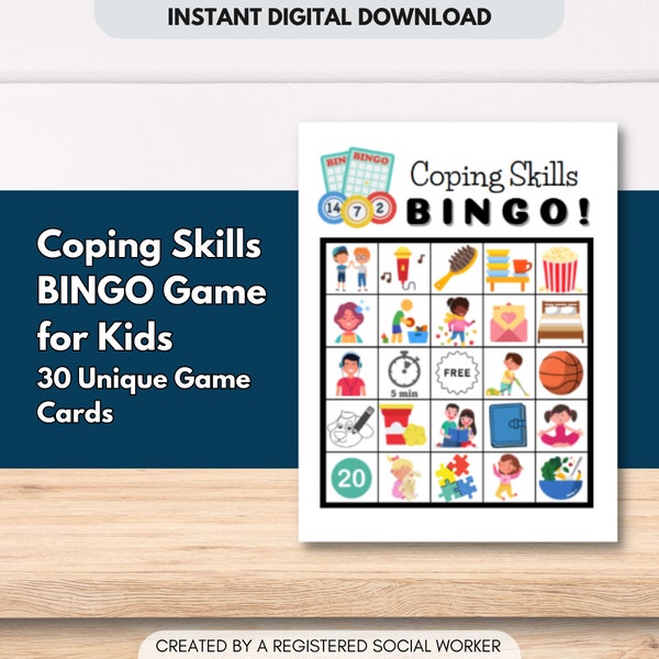 Coping Skills BINGO Game Activity Cards for Kids, Calming Strategies, Emotional Regulation for Worry Anger, Mental Health (DIGITAL DOWNLOAD)