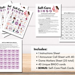 May include: A printable self-care bingo game kit with 40 unique bingo cards, a call sheet with 40 self-care activities, and game markers. The kit also includes instructions and bonus self-care flash cards.