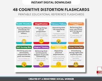 48 tarjetas didácticas de distorsiones cognitivas, hojas de trabajo de errores de pensamiento, hoja de trucos de filtros mentales, habilidades de afrontamiento, TCC, DBT (imprimible digital)