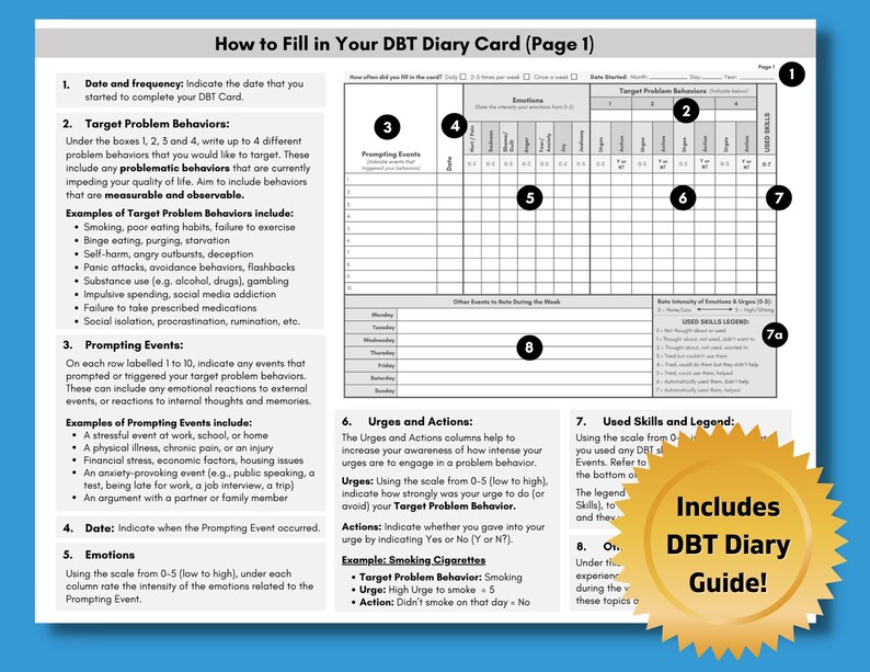 DBT Diary Card, Dialectical Behavior Therapy, Skills Tracker Worksheet, Weekly Journal, Reference Guide, Mental Health (DIGITAL PRINTABLE)