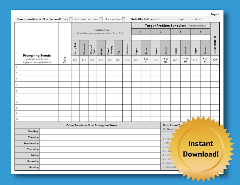 DBT Diary Card, Dialectical Behavior Therapy, Skills Tracker Worksheet, Weekly Journal, Reference Guide, Mental Health (DIGITAL PRINTABLE)