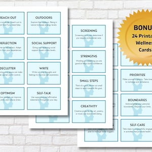 May include: A set of 24 printable wellness cards with blue and teal borders. Each card features a different wellness tip, such as "Reach Out", "Declutter", "Self-Talk", "Prioritize", and "Self-Care".
