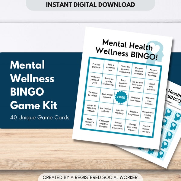 Kit de jeu de BINGO sur la santé mentale, bien-être, activité de bien-être, étudiant, lieu de travail, conseiller, travail social, habiletés d'adaptation (IMPRESSION NUMÉRIQUE)