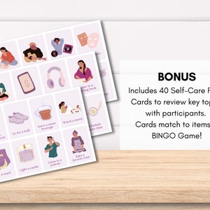 May include: A set of 40 self-care flash cards with illustrations of various activities, such as lighting a candle, going for a walk, and watching a movie. The cards are designed to help people practice self-care and are part of a larger bingo game.