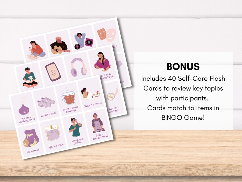 May include: A set of 40 self-care flash cards with illustrations of various activities, such as lighting a candle, going for a walk, and watching a movie. The cards are designed to help people practice self-care and are part of a larger bingo game.