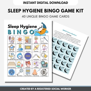Slaapwelzijn BINGO-spelkaarten, geestelijke gezondheid, slaaphygiëne, educatieve activiteit, tieners, volwassenen, klaslokaal (digitaal afdrukbaar)