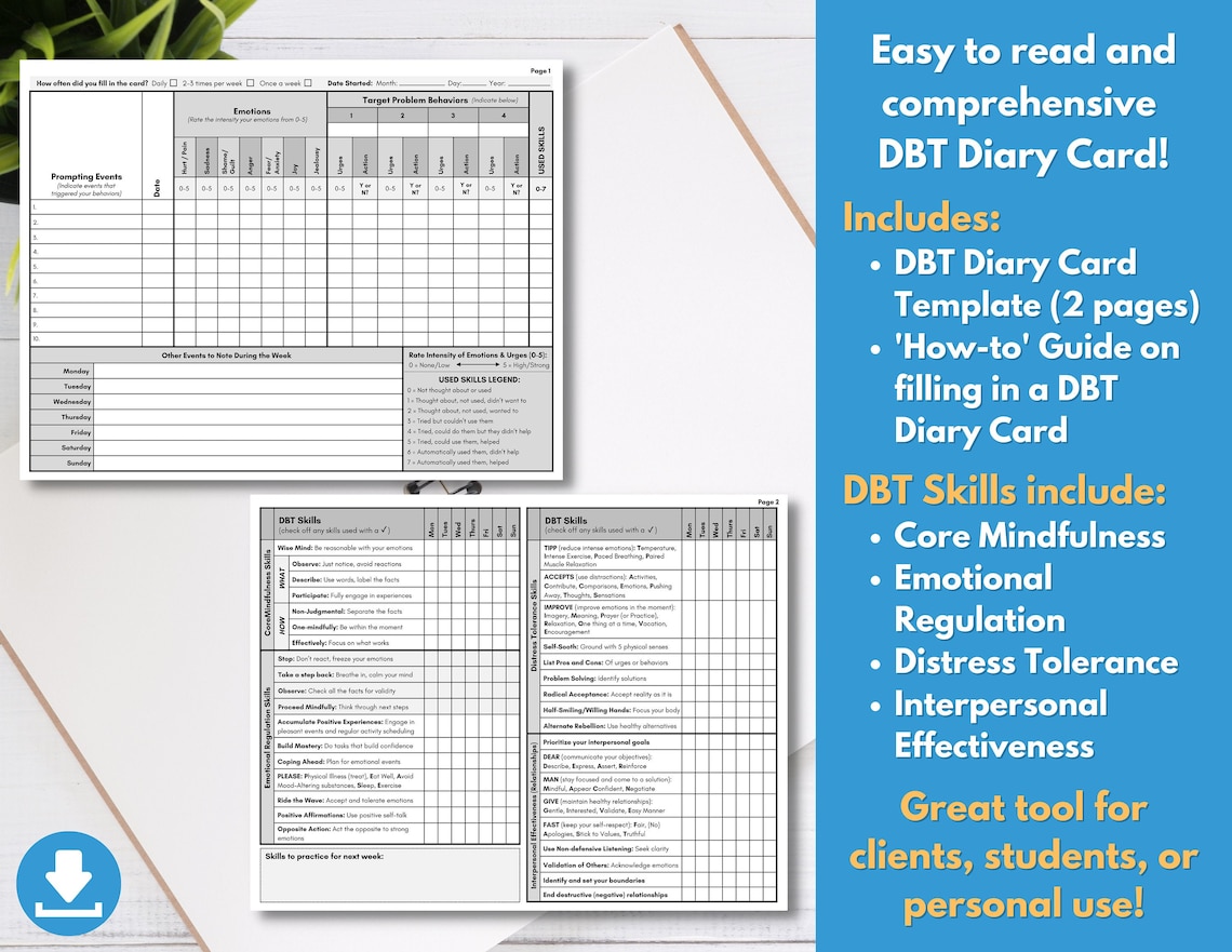DBT Diary Card, Dialectical Behavior Therapy, Skills Tracker Worksheet ...